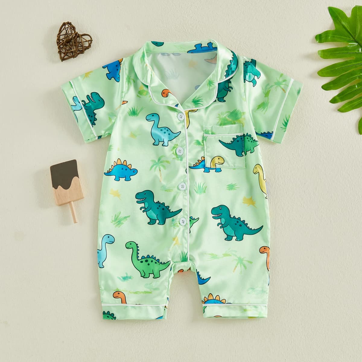 Baby Romper Pajamas Infant Girls Boys Dinosaur/Tree Print Turn Down Collar Short Sleeve Bodysuits Jumpsuits Sleepwear