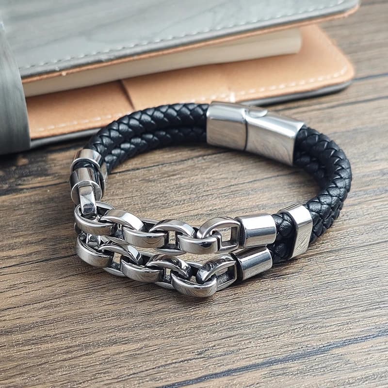 Multi Layer Men's Leather Bracelet Stainless Steel Mechanical Feel Cuban Chain Geometric Pattern Bangles for Male Jewelry Gift