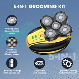 5-in-1 360° 5-Head Men's Electric Shaver, Rechargeable Bald Head Trimmer, Waterproof Wet/Dry Grooming Kit with Nose Hair Trimmer