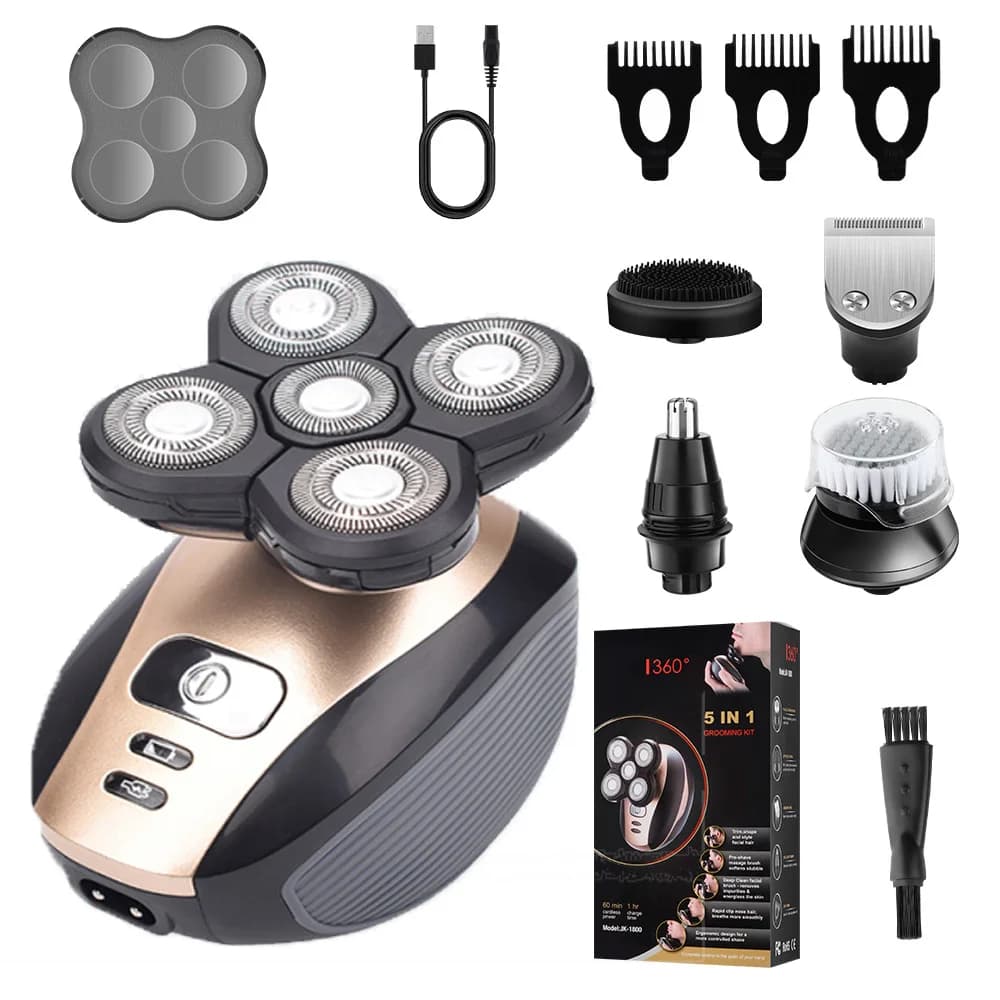 5-in-1 360° 5-Head Men's Electric Shaver, Rechargeable Bald Head Trimmer, Waterproof Wet/Dry Grooming Kit with Nose Hair Trimmer