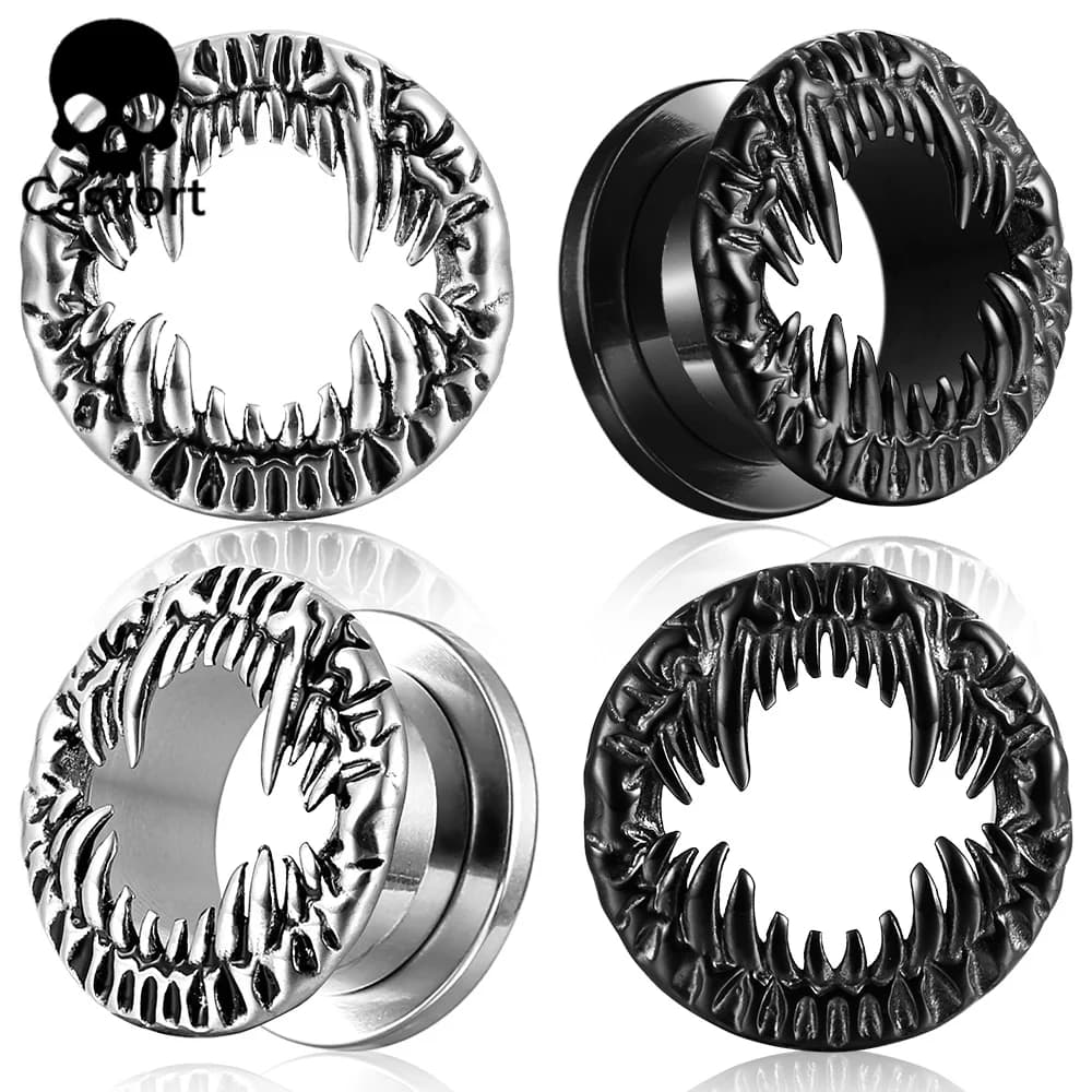 Casvort 2PCS 316 Stainless Steel Beast Fangs Ear Tunnels Monster Mouth Ear Plugs Gauges Gothic Punk Body Stretching Jewelry