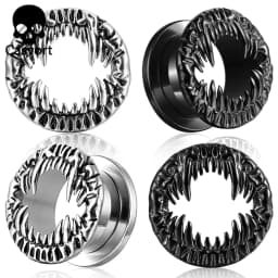 Casvort 2PCS 316 Stainless Steel Beast Fangs Ear Tunnels Monster Mouth Ear Plugs Gauges Gothic Punk Body Stretching Jewelry