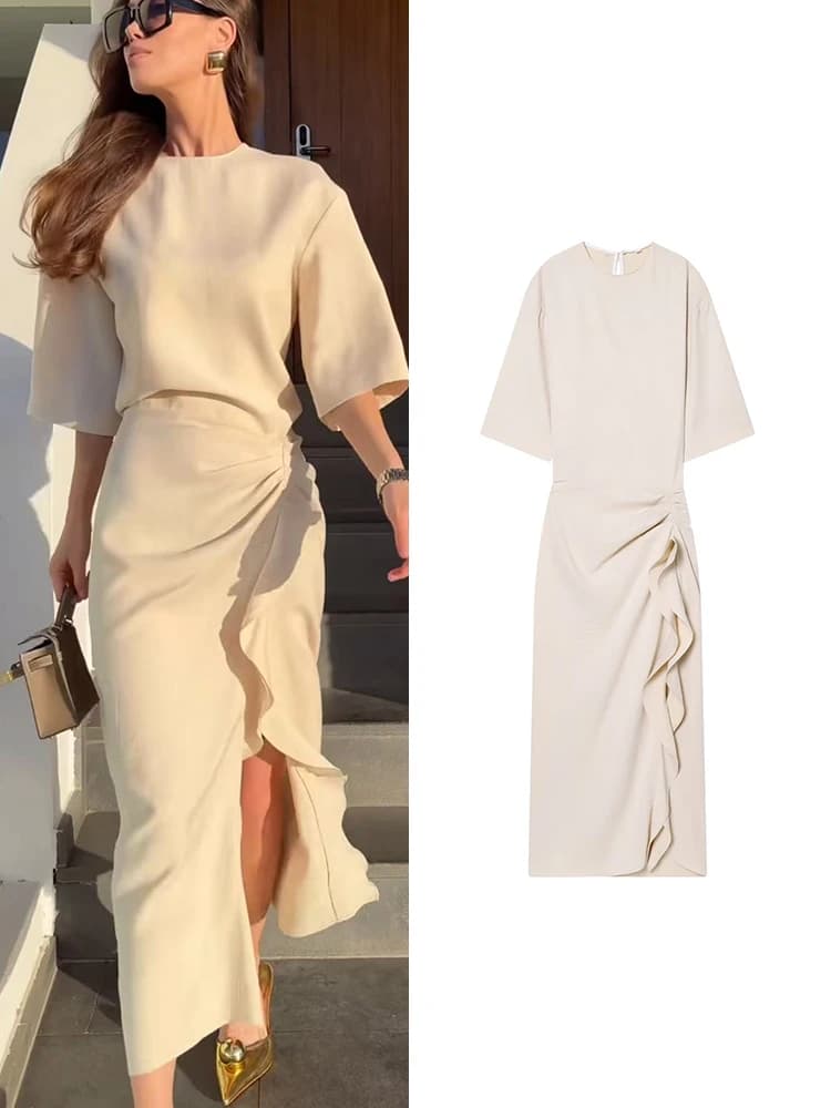 TFMLN Summer Women Midi Dress New Fashion O Neck Pleated Short Sleeve Waist Dress Casual Sexy Solid Elegant Dress Chic Outfit