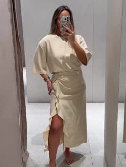 TFMLN Summer Women Midi Dress New Fashion O Neck Pleated Short Sleeve Waist Dress Casual Sexy Solid Elegant Dress Chic Outfit
