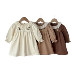 Spring and autumn girls' dress, Korean style, lace collar and embroidered long-sleeved cotton dress, a fashionable and versatile