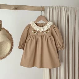Spring and autumn girls' dress, Korean style, lace collar and embroidered long-sleeved cotton dress, a fashionable and versatile