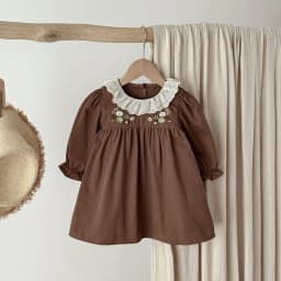 Spring and autumn girls' dress, Korean style, lace collar and embroidered long-sleeved cotton dress, a fashionable and versatile