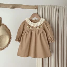 Spring and autumn girls' dress, Korean style, lace collar and embroidered long-sleeved cotton dress, a fashionable and versatile