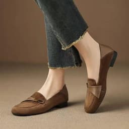 British Style Suede Square Toe Loafers, Metal Decor Low Heel Pumps, Versatile Retro Office Shoes for Women