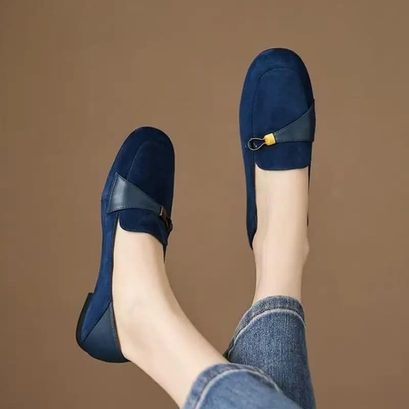 British Style Suede Square Toe Loafers, Metal Decor Low Heel Pumps, Versatile Retro Office Shoes for Women