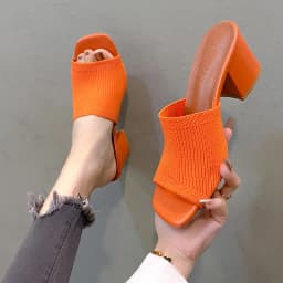 Women's Orange Knit Open Toe Block Heel Mules Luxury Summer Casual Outdoor Soft High Heel Slides Plus Size 42 Sandals Slippers