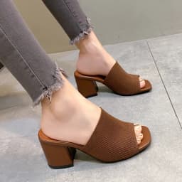 Women's Orange Knit Open Toe Block Heel Mules Luxury Summer Casual Outdoor Soft High Heel Slides Plus Size 42 Sandals Slippers