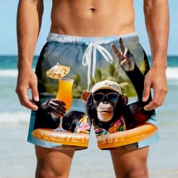 Men's Funny Monkey Animal Beach Shorts, Mid Waist Board Shorts, Elastic Drawstring, Hawaiian Vacation Casual Wear