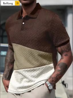 New Summer Short-Sleeved Polo Shirt for Men, Casual Color-Blocked Herringbone Texture Pullover Polo Shirt, Suitable for Everyday