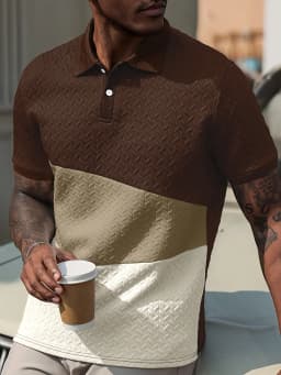 New Summer Short-Sleeved Polo Shirt for Men, Casual Color-Blocked Herringbone Texture Pullover Polo Shirt, Suitable for Everyday
