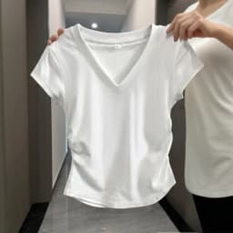 Summer Women's V-neck Pleated Short Sleeved T-shirt Covers The Stomach Showing Off Thinness and Noble Temperament Versatile Top