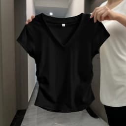 Summer Women's V-neck Pleated Short Sleeved T-shirt Covers The Stomach Showing Off Thinness and Noble Temperament Versatile Top