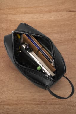 Men's Textured PU Leather Organizer Bag - Dual Zipper Hand Carry w/ Detachable Strap, Fits Phone & Essentials