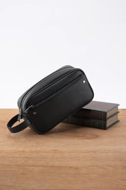 Men's Textured PU Leather Organizer Bag - Dual Zipper Hand Carry w/ Detachable Strap, Fits Phone & Essentials