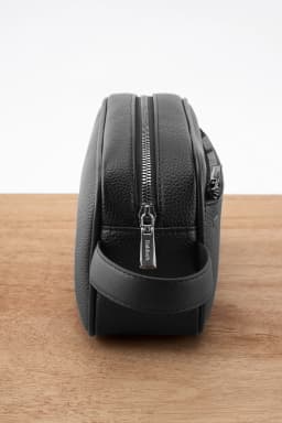 Men's Textured PU Leather Organizer Bag - Dual Zipper Hand Carry w/ Detachable Strap, Fits Phone & Essentials