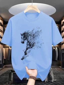 Men's Summer 100% Cotton Fashion Dot Art with Steed Printing for Casual Sports, Loose Round Neck Short Sleeve T-shirt,