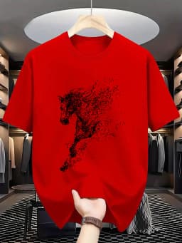 Men's Summer 100% Cotton Fashion Dot Art with Steed Printing for Casual Sports, Loose Round Neck Short Sleeve T-shirt,