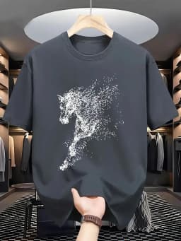 Men's Summer 100% Cotton Fashion Dot Art with Steed Printing for Casual Sports, Loose Round Neck Short Sleeve T-shirt,