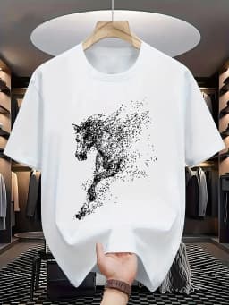 Men's Summer 100% Cotton Fashion Dot Art with Steed Printing for Casual Sports, Loose Round Neck Short Sleeve T-shirt,