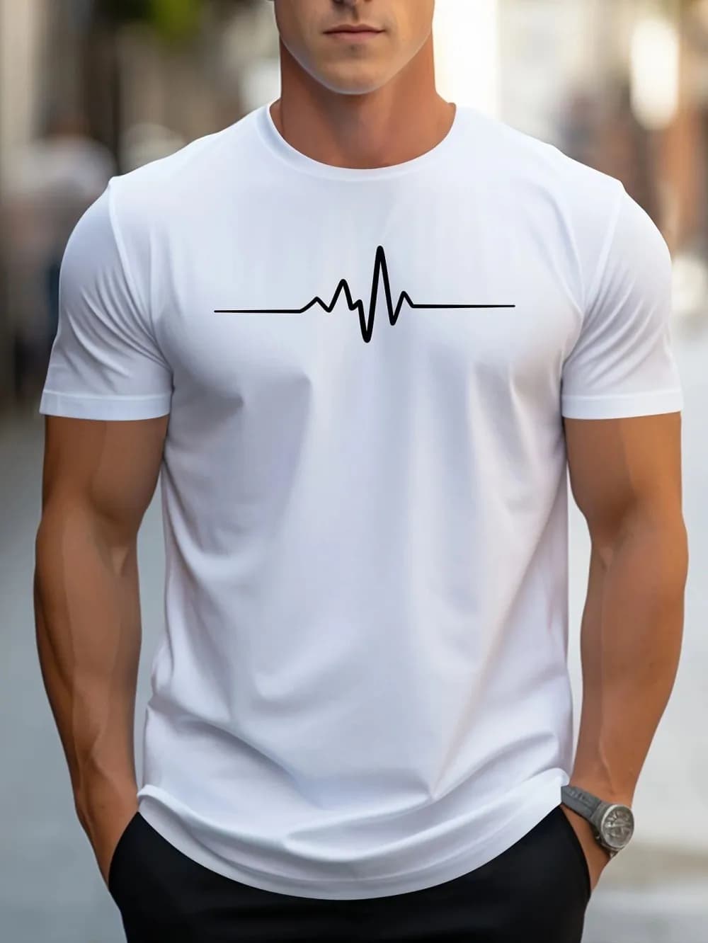 Fashionable men's summer electrocardiogram printed comfortable and breathable round neck T-shirt outdoor casual top