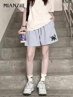 Women's Summer Cat Print Pure Casual Shorts A-Line Loose Fit Knee-Length Pants with Pockets Drawstring Elastic Waist Pure Fabric