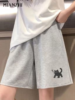 Women's Summer Cat Print Pure Casual Shorts A-Line Loose Fit Knee-Length Pants with Pockets Drawstring Elastic Waist Pure Fabric