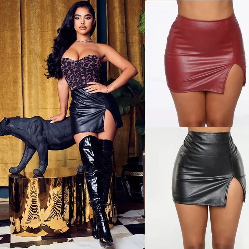 European and American Women's Solid Color HighWaisted HipHuggingShort Skirt Nightclub PU Leather Zipper Sexy Black Leather Skirt