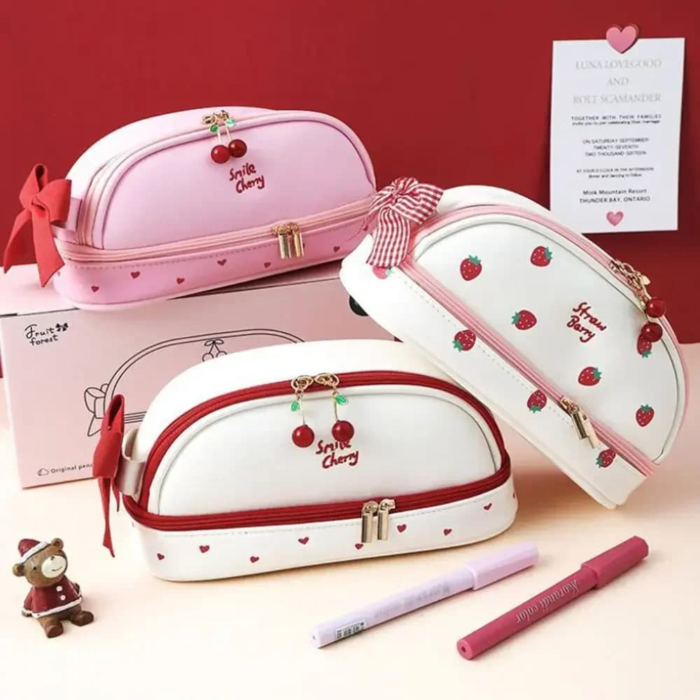 1Pcs Cute Girl Pencil Case Double Layer Strawberry Cherry Love Large Capacity Pencil Case Student Stationery Storage Pen Bag