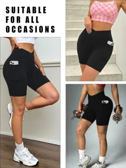 Women's Super Soft Crossover High Waisted Biker Shorts With Pockets Tummy Control No See Through Workout Yoga Running Shorts