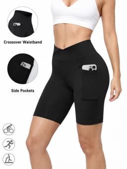 Women's Super Soft Crossover High Waisted Biker Shorts With Pockets Tummy Control No See Through Workout Yoga Running Shorts