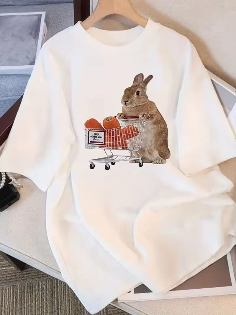 Women'S Short-Sleeve T-Shirt with A Rabbit Bought Carrots,New Loose-Fitting Summer Style,Flattering Lady's Top Travel Daily Wear