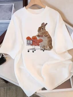 Women'S Short-Sleeve T-Shirt with A Rabbit Bought Carrots,New Loose-Fitting Summer Style,Flattering Lady's Top Travel Daily Wear