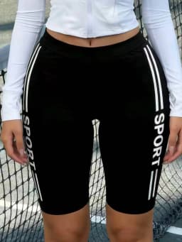Women's Side Letter Print Five-Point Shorts, Summer Knitted Fashion Sporty Mid-Thigh Shorts, Fitness Sports Commuting Outfit