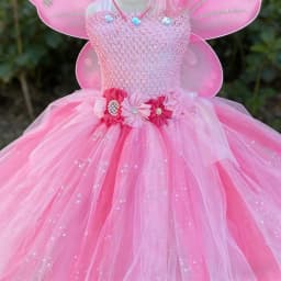 Girls Pink Flower Fairy Dress Kids Glitter Tutu Dresses with Wing and Stick Hairbow Children Birthday Christmas Party Costumes