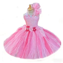 Girls Pink Flower Fairy Dress Kids Glitter Tutu Dresses with Wing and Stick Hairbow Children Birthday Christmas Party Costumes