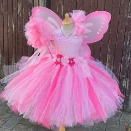 Girls Pink Flower Fairy Dress Kids Glitter Tutu Dresses with Wing and Stick Hairbow Children Birthday Christmas Party Costumes