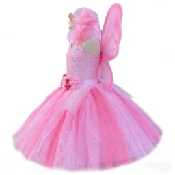 Girls Pink Flower Fairy Dress Kids Glitter Tutu Dresses with Wing and Stick Hairbow Children Birthday Christmas Party Costumes
