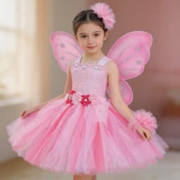 Girls Pink Flower Fairy Dress Kids Glitter Tutu Dresses with Wing and Stick Hairbow Children Birthday Christmas Party Costumes