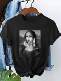 Funny Mona Lisa 90s Streetwear Casual Y2k Fashion T-shirt Print Short Sleeve T Shirt Clothing Top Tee Summer Ladies Girls Shirt