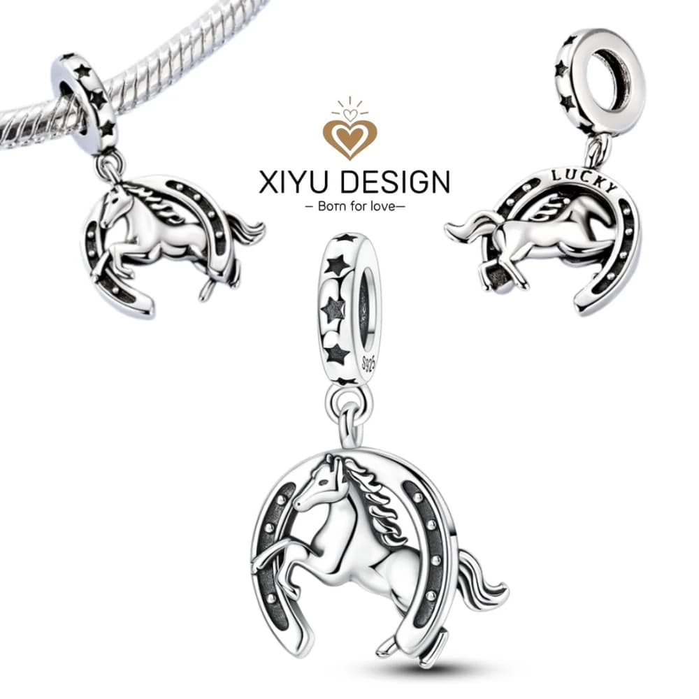 925 Sterling Silver Good Luck Horseshoe and Horse Charm Bead DIY Bracelet Necklace Women's Fine Jewelry Birthday Party Gift