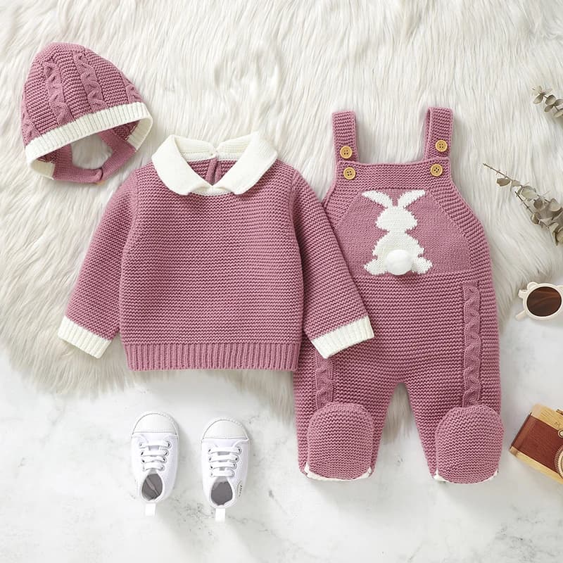 Baby Clothes Sets Winter Warm Knit 3pcs Infant Girls Sweaters Pullovers+Rompers+Hats Outfits Sets Autumn Toddler Boys Suits 0-9m