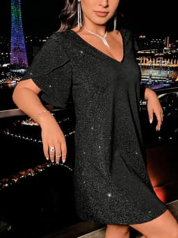 Plus Size Women's Dress V Neck Ruffle Sleeve Glitter Shiny Loose Dress Glam Dress Spring Summer Chic Dress Party Light Dress