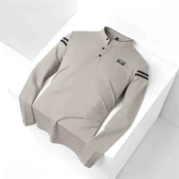 Men Stand Collar Long Sleeve Polo Shirt Stripe Accent Soft Breathable For Business Work And Life