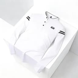 Men Stand Collar Long Sleeve Polo Shirt Stripe Accent Soft Breathable For Business Work And Life