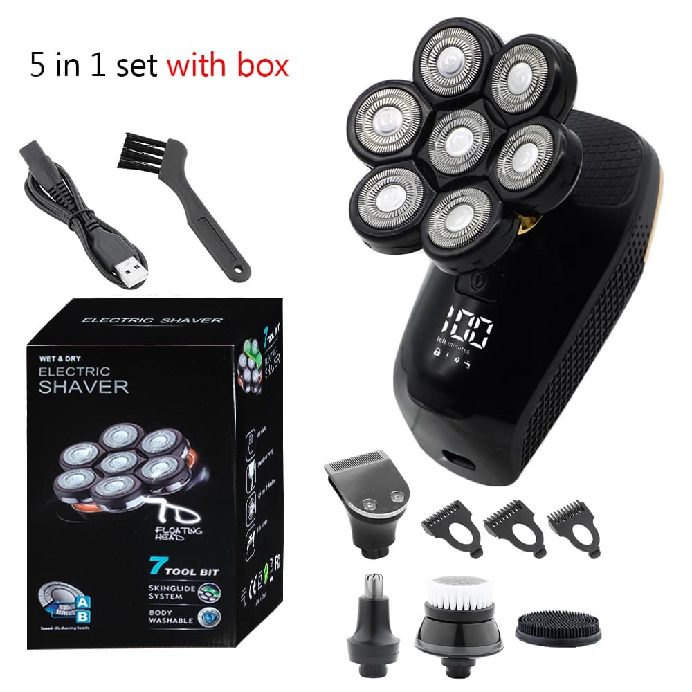 7 Head 5-in-1 Electric Shaver for Men, LCD Display 4D Floating Bald Head Razor, Rechargeable Waterproof Wet/Dry Grooming Kit